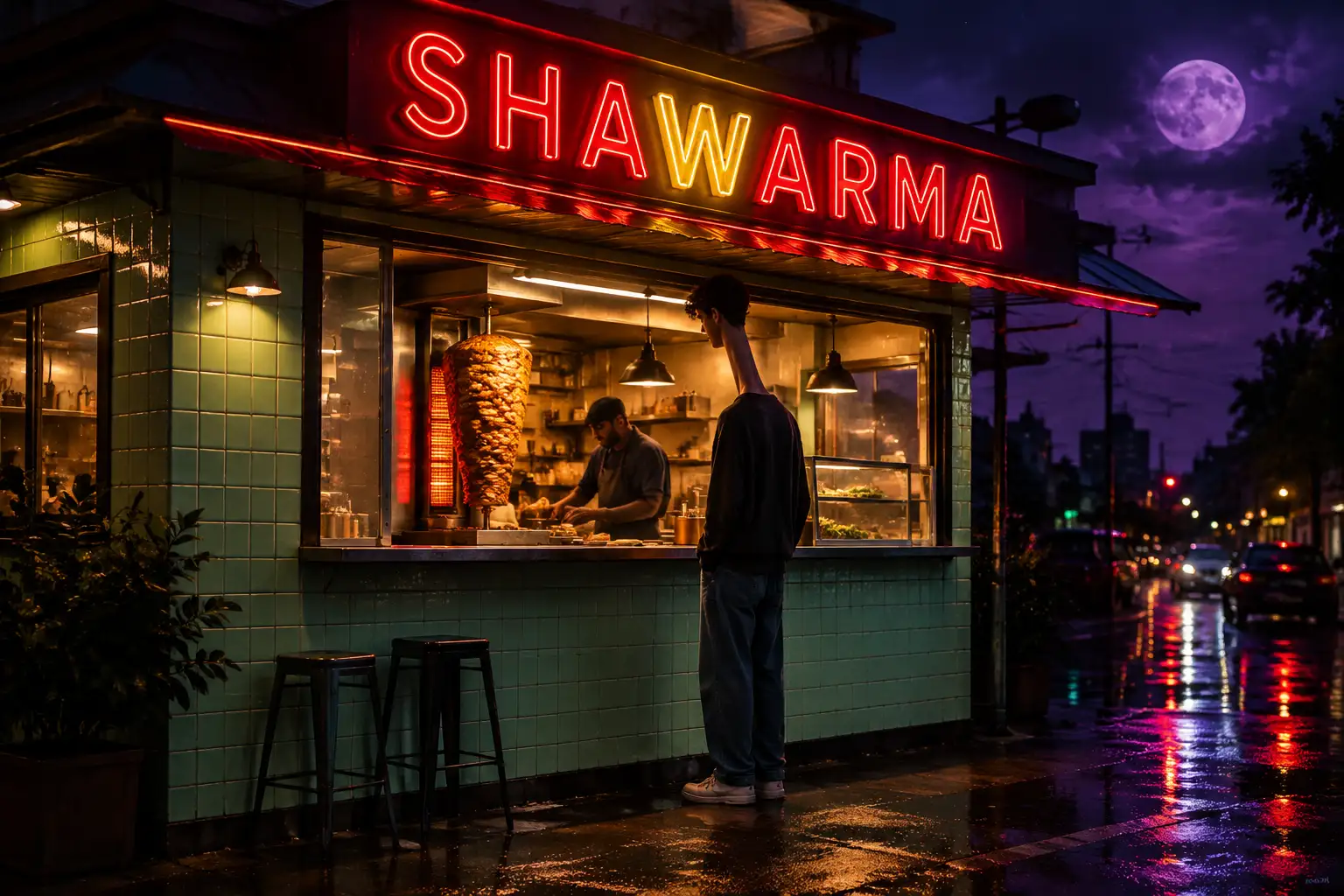 Night kiosk with a red and amber SHAWARMA sign, a meat spit in the window, and a long-necked figure at the counter